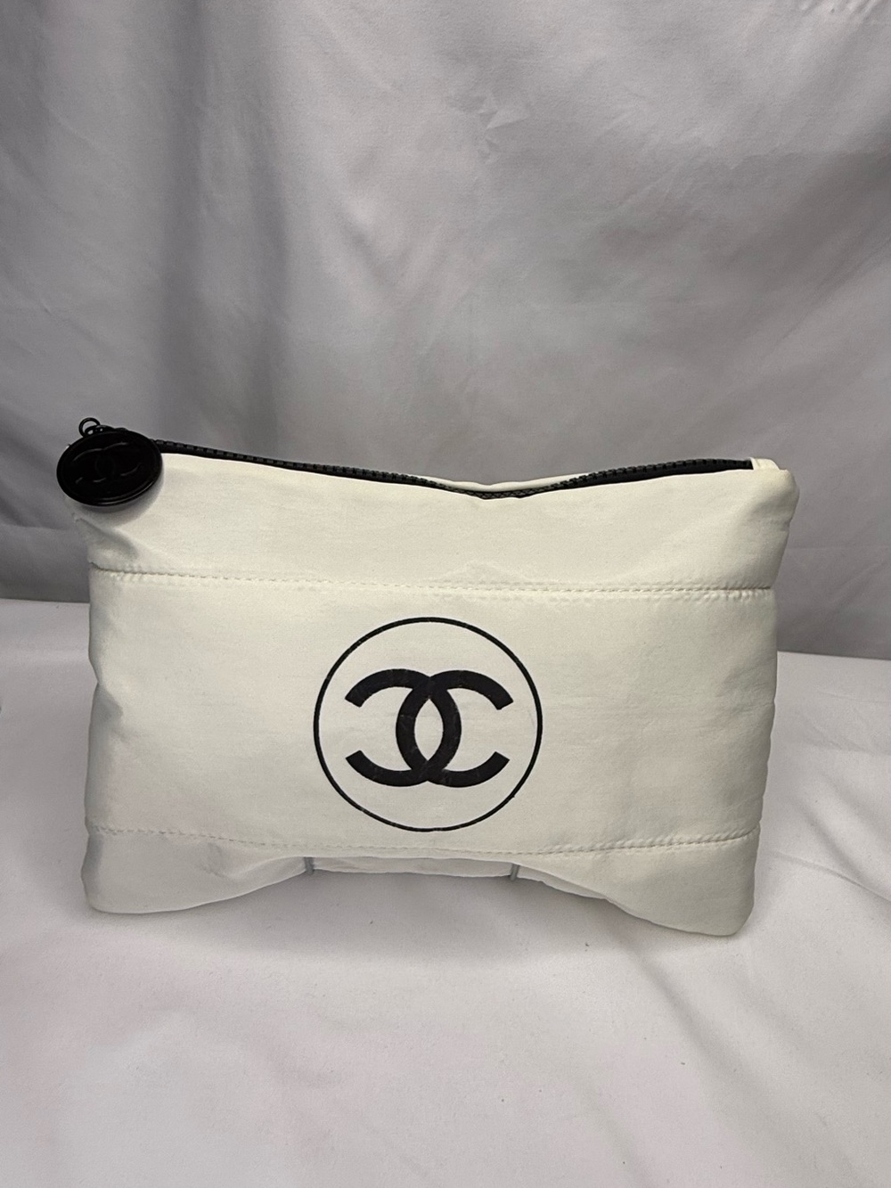CHANEL Beaute White and Black Quilted Logo Cosmetic Pouch